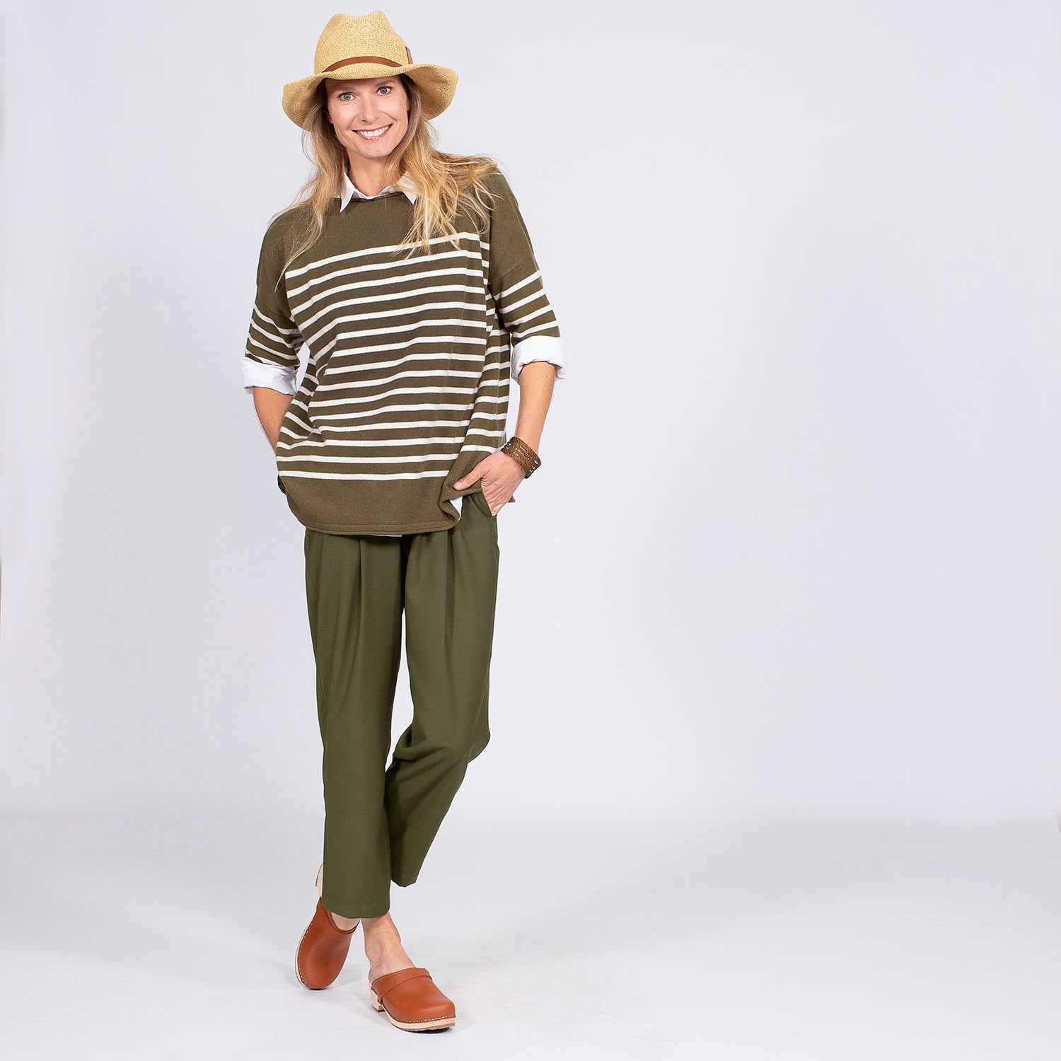 PULL CACHEMIRE MARINIERE - OLIVE