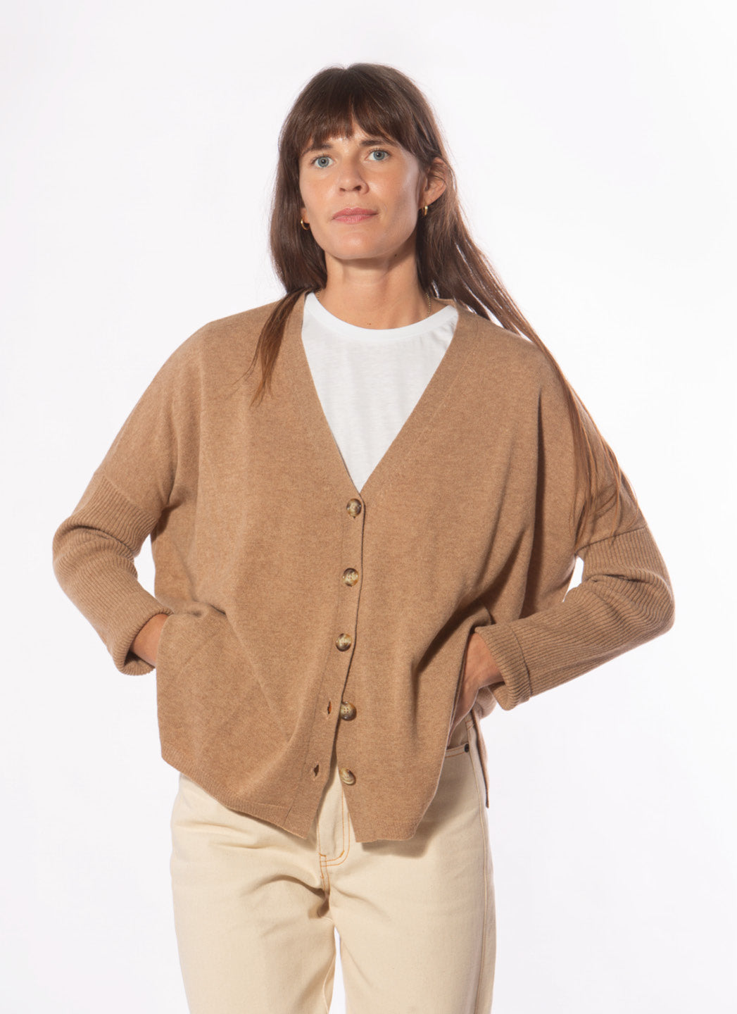 CARDIGAN CACHEMIRE COL V - MARRON